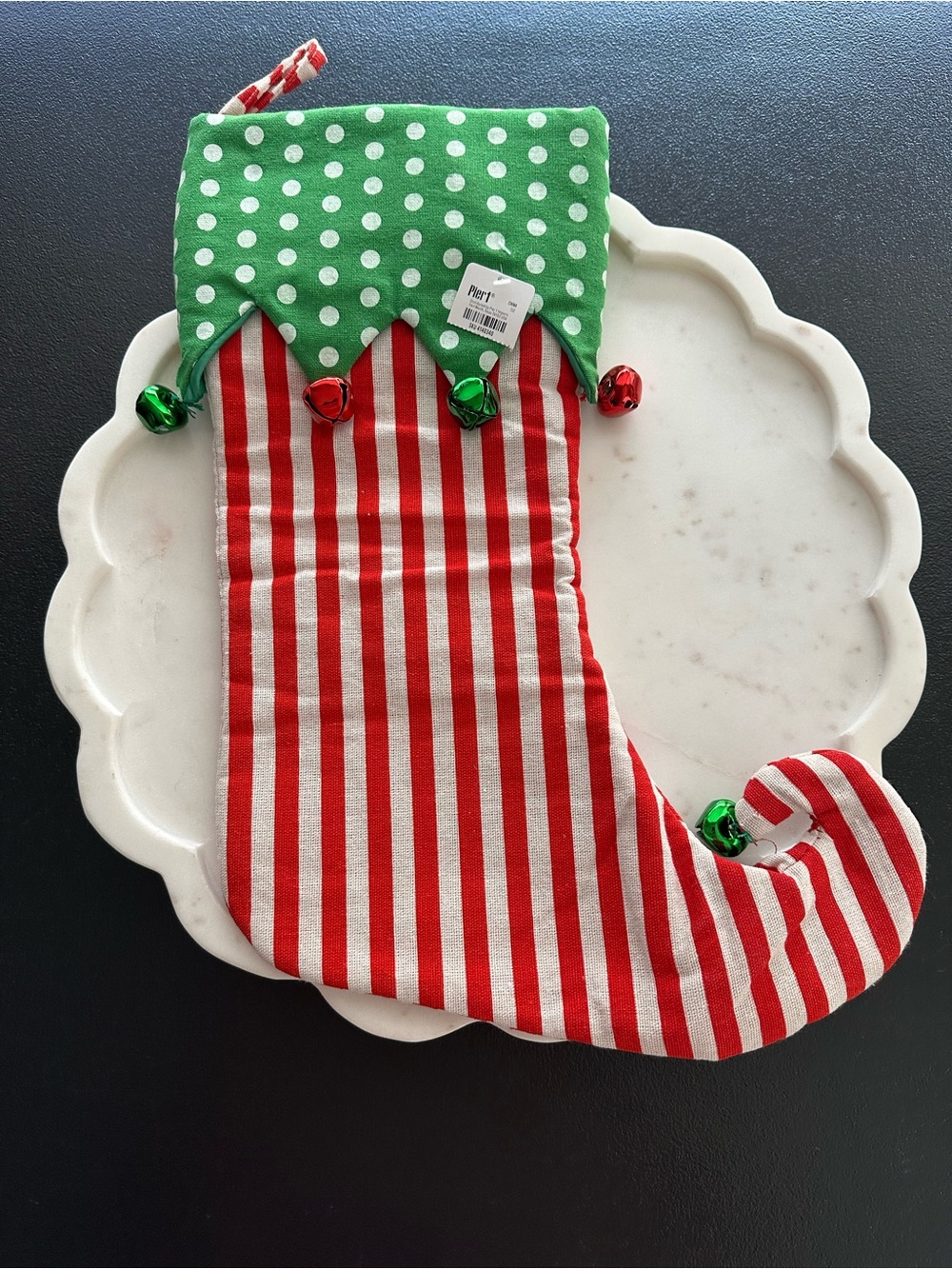 Pier 1 Imports Festive Striped Stocking with Bells in front only